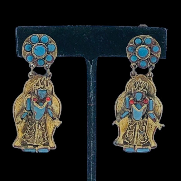 Artesian Nepal Hand Crafted Brass Turquoise Coral King Buddha Clip Earrings - Picture 10 of 10